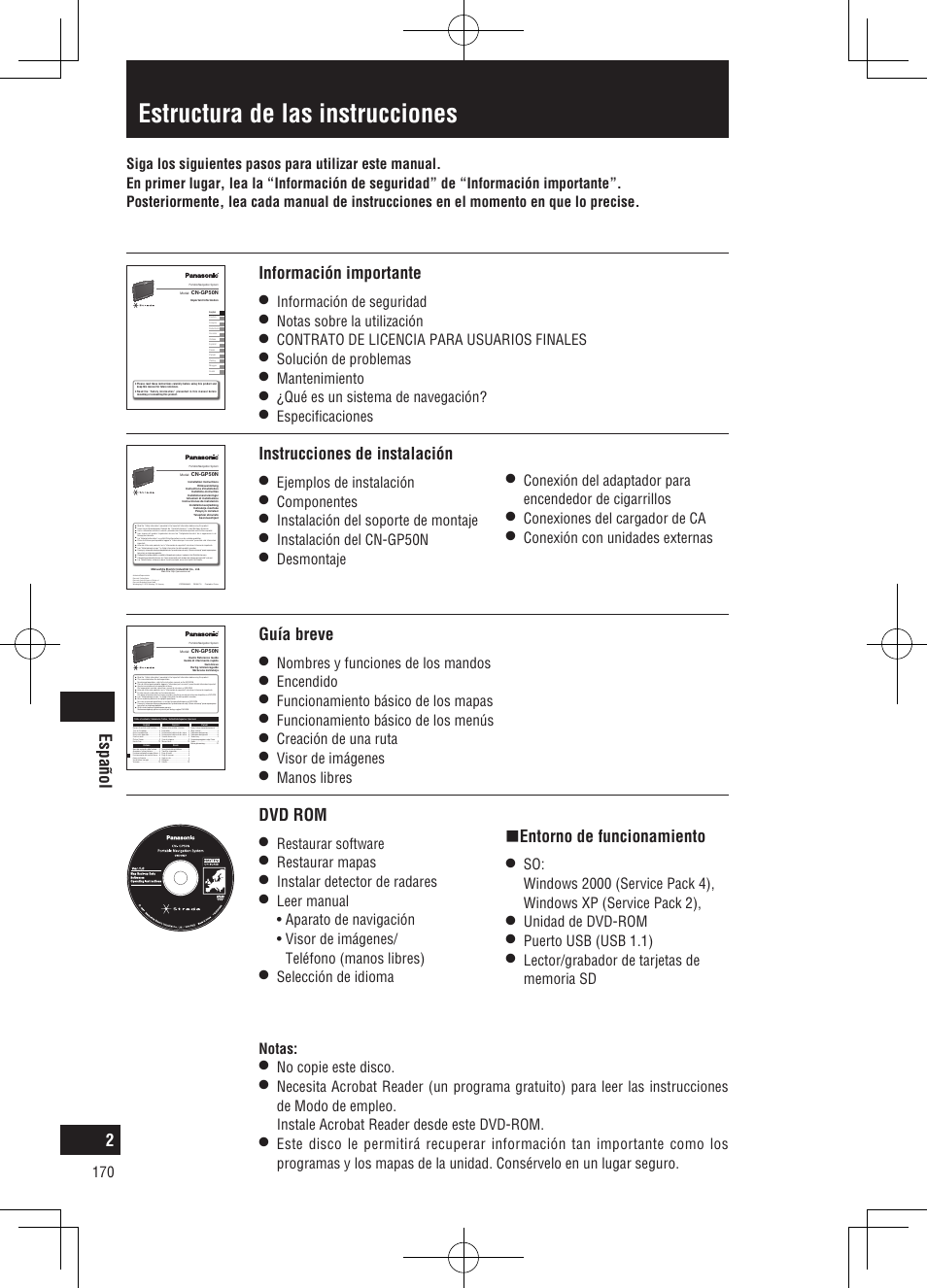 Estructura de las instrucciones, Español, Información importante | Guía breve, Instrucciones de instalación, Dvd rom, Entorno de funcionamiento, Información de seguridad, Notas sobre la utilización, Contrato de licencia para usuarios finales | Panasonic CNGP50N User Manual | Page 170 / 336