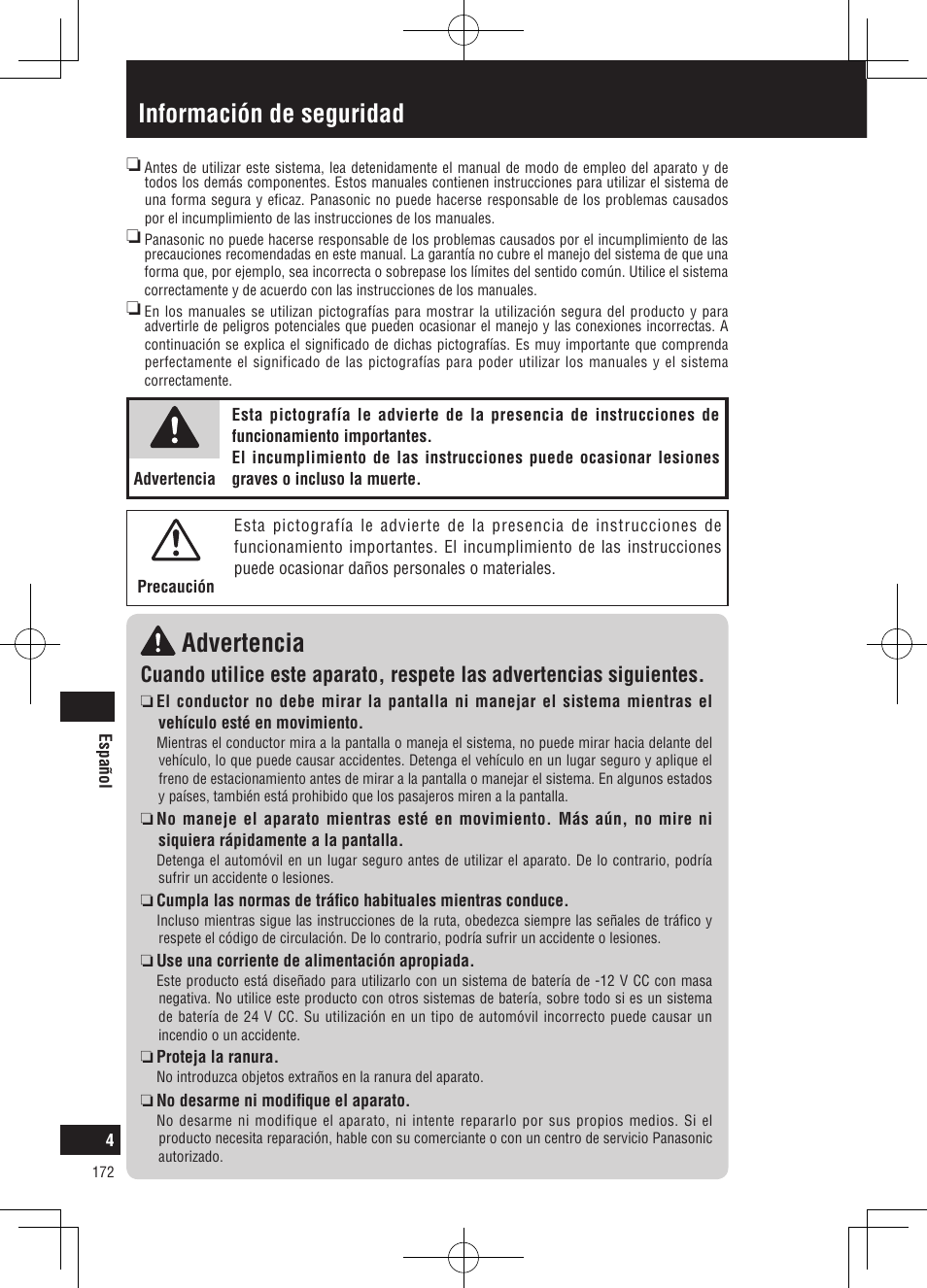 Información de seguridad advertencia | Panasonic CNGP50N User Manual | Page 172 / 336