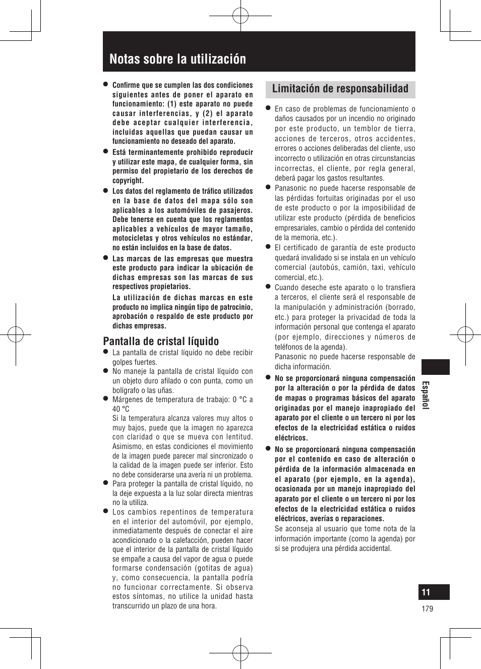 Notas sobre la utilización, Pantalla de cristal líquido, Limitación de responsabilidad | Panasonic CNGP50N User Manual | Page 179 / 336