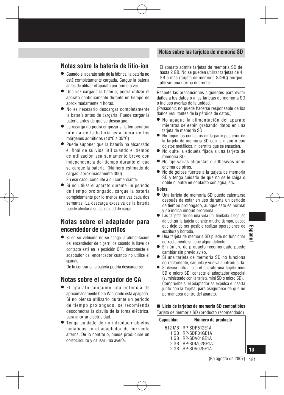 Notas sobre la utilización, Notas sobre la batería de litio-ion, Notas sobre el cargador de ca | Notas sobre la alimentación eléctrica | Panasonic CNGP50N User Manual | Page 181 / 336