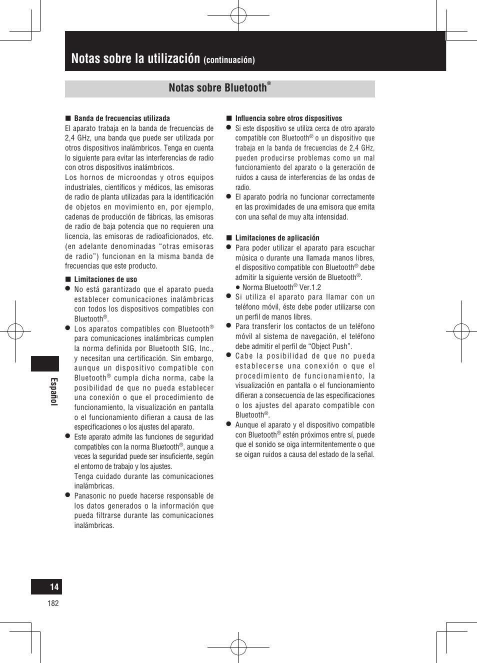 Notas sobre la utilización, Notas sobre bluetooth | Panasonic CNGP50N User Manual | Page 182 / 336