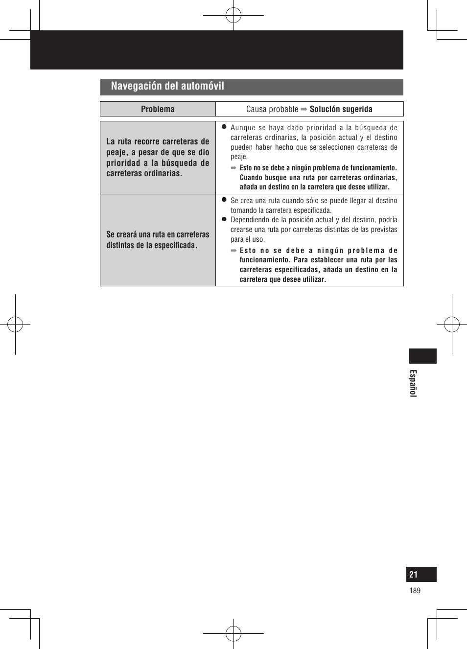 Solución de problemas, Navegación del automóvil | Panasonic CNGP50N User Manual | Page 189 / 336