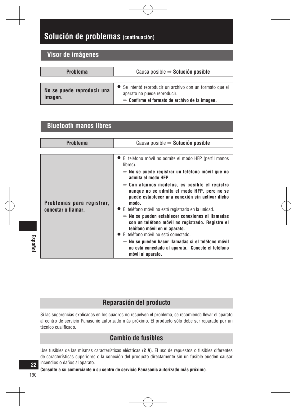 Solución de problemas, Bluetooth manos libres, Visor de imágenes | Reparación del producto, Cambio de fusibles | Panasonic CNGP50N User Manual | Page 190 / 336