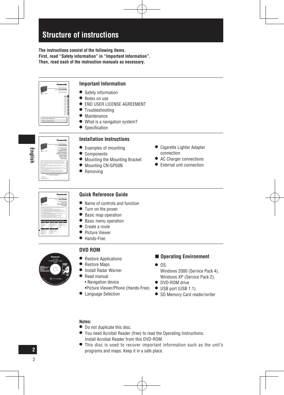 Structure of instructions, English, Important information | Quick reference guide, Installation instructions, Dvd rom, Operating environment, Safety information, End user license agreement, Troubleshooting | Panasonic CNGP50N User Manual | Page 2 / 336