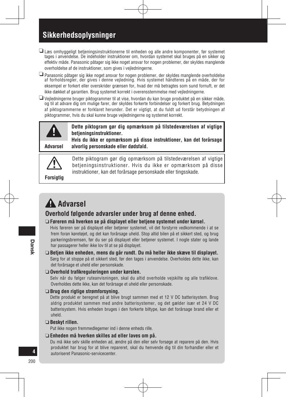 Sikkerhedsoplysninger advarsel | Panasonic CNGP50N User Manual | Page 200 / 336