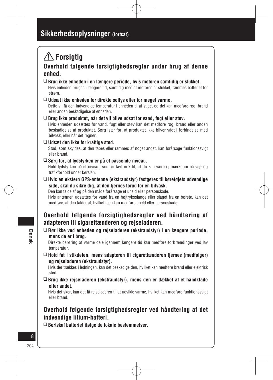 Sikkerhedsoplysninger, Forsigtig | Panasonic CNGP50N User Manual | Page 204 / 336