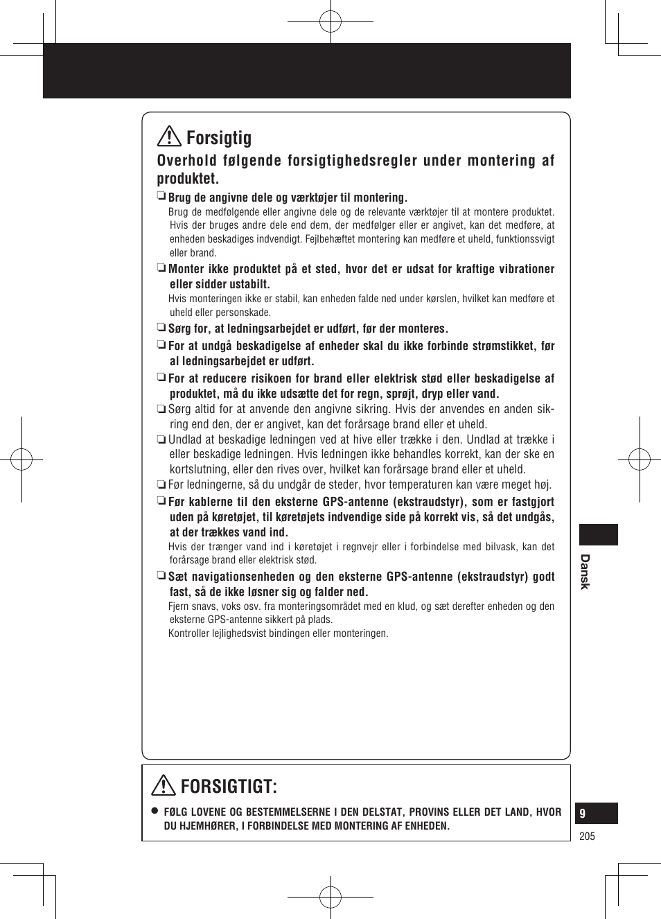 Forsigtig, Forsigtigt, Sikkerhedsoplysninger | Panasonic CNGP50N User Manual | Page 205 / 336