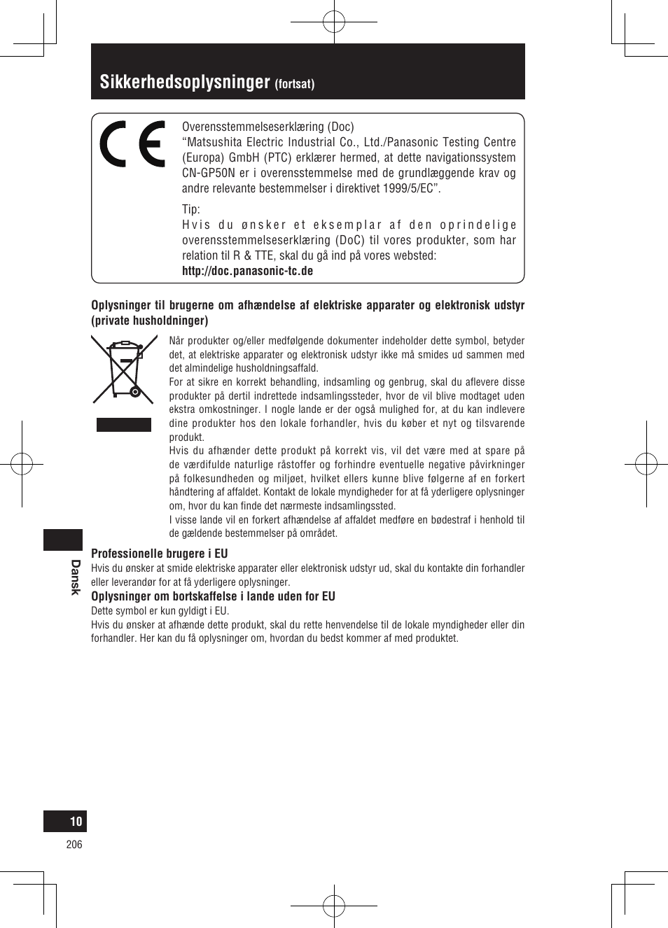 Sikkerhedsoplysninger | Panasonic CNGP50N User Manual | Page 206 / 336