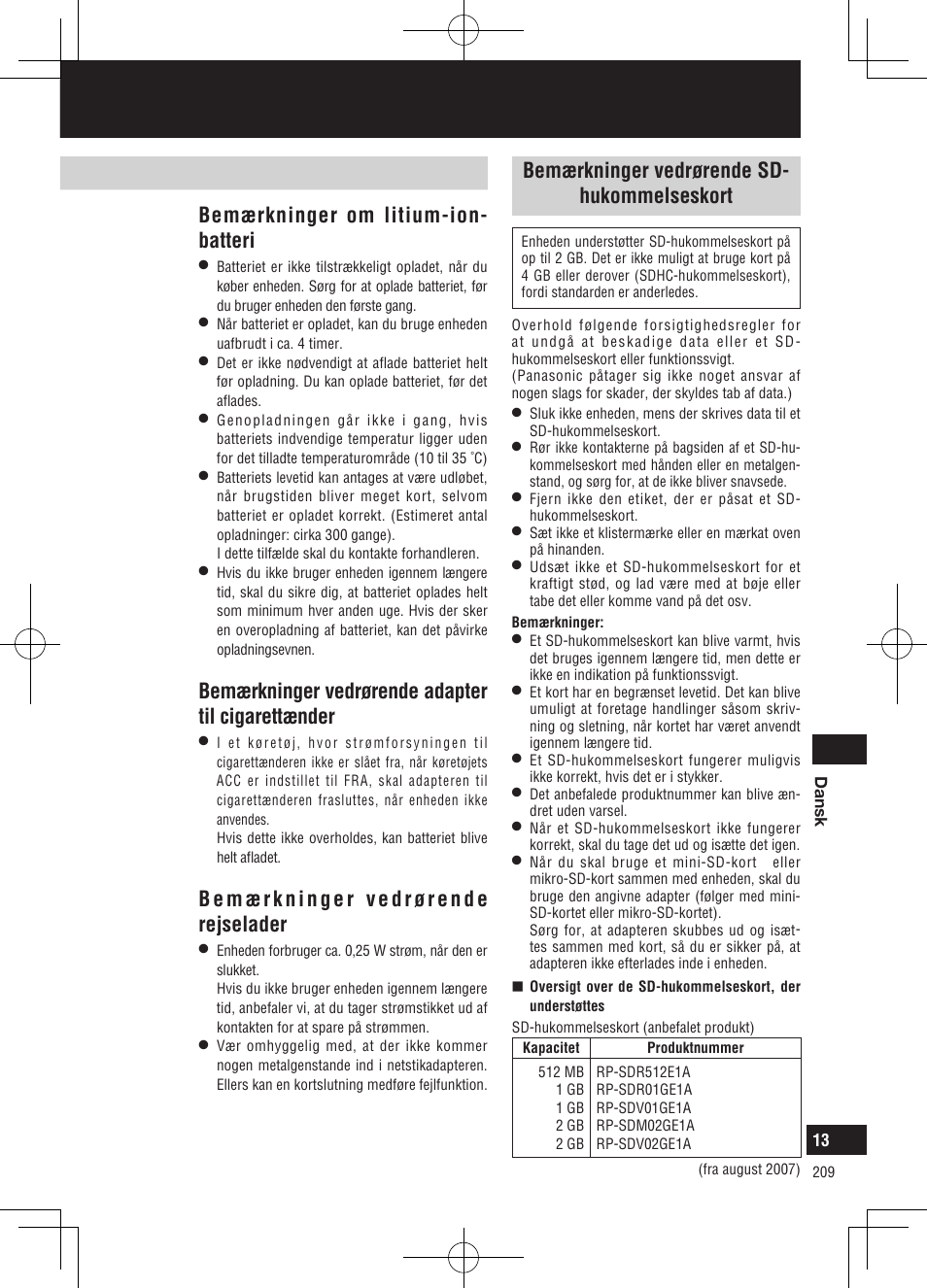 Bemærkninger vedrørende brug, Bemærkninger om litium-ion- batteri, Bemærkninger vedrørende adapter til cigarettænder | Panasonic CNGP50N User Manual | Page 209 / 336