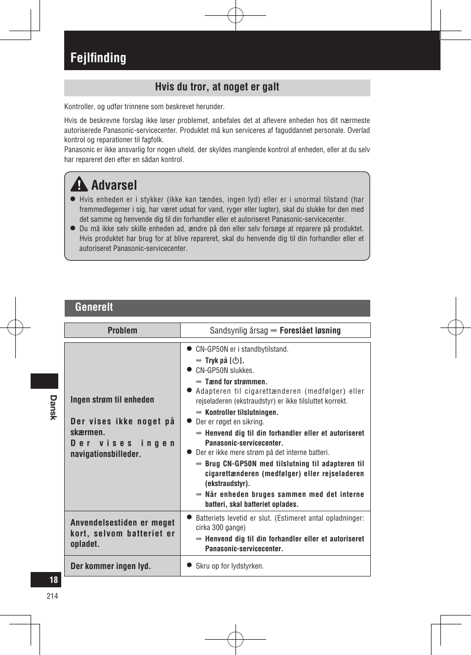 Fejlfinding, Advarsel, Hvis du tror, at noget er galt | Generelt | Panasonic CNGP50N User Manual | Page 214 / 336