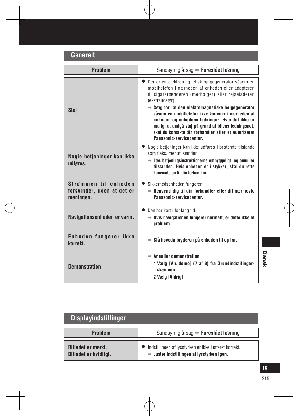 Fejlfinding, Generelt, Displayindstillinger | Panasonic CNGP50N User Manual | Page 215 / 336