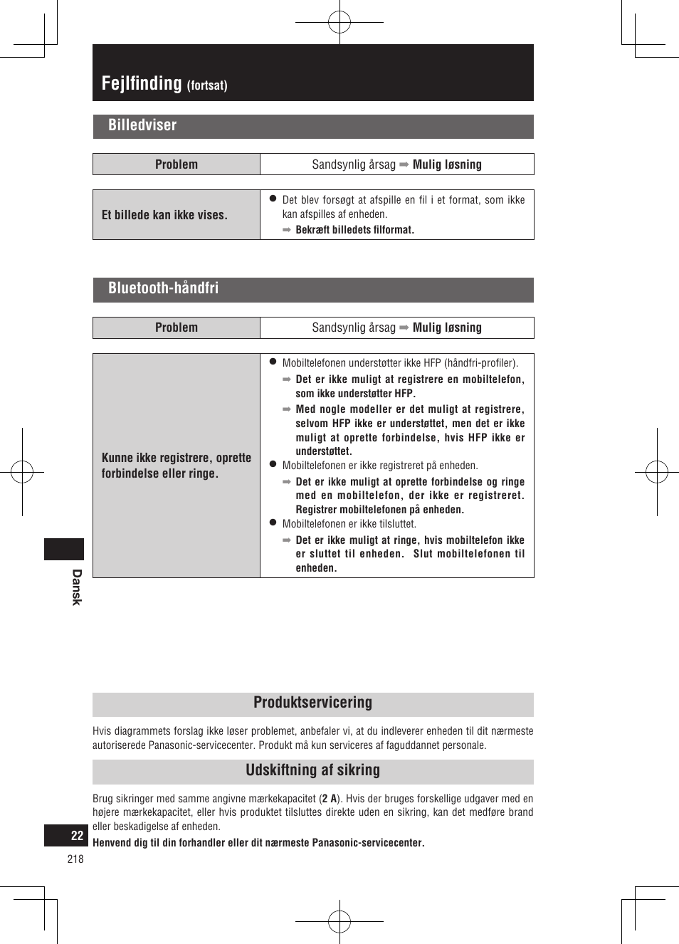 Fejlfinding, Bluetooth-håndfri, Billedviser | Produktservicering, Udskiftning af sikring | Panasonic CNGP50N User Manual | Page 218 / 336