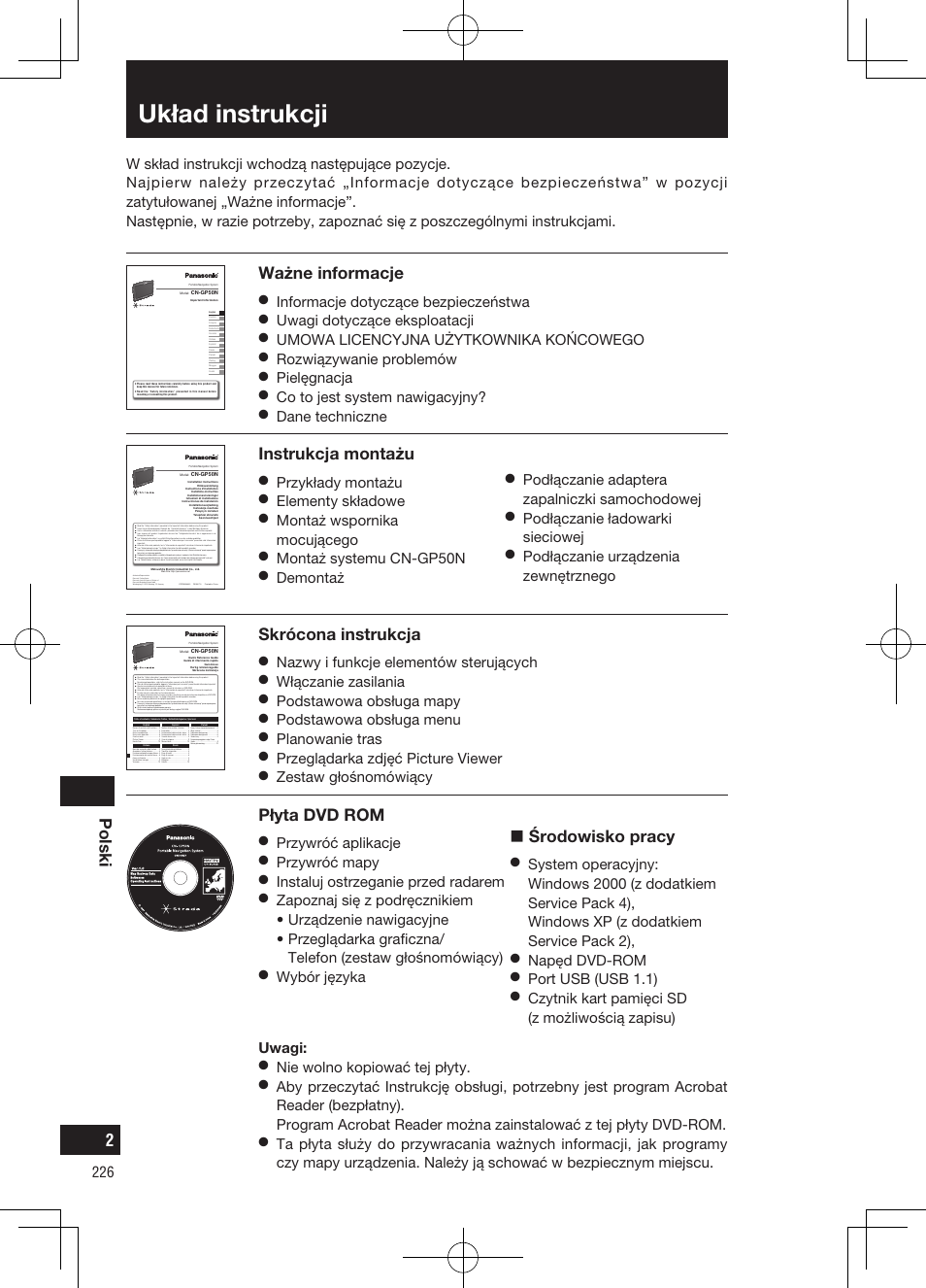 Układ instrukcji, Polski, Ważne informacje | Skrócona instrukcja, Instrukcja montażu, Płyta dvd rom, Środowisko pracy | Panasonic CNGP50N User Manual | Page 226 / 336