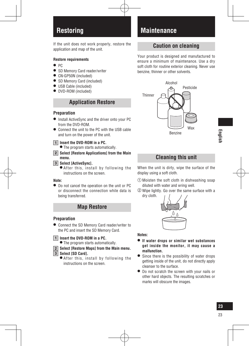 Maintenance, Restoring, Caution on cleaning | Cleaning this unit, Application restore, Map restore | Panasonic CNGP50N User Manual | Page 23 / 336