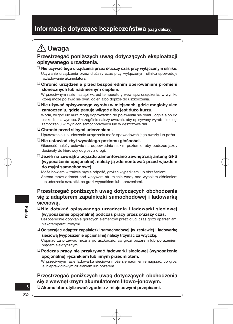 Informacje dotyczące bezpieczeństwa, Uwaga | Panasonic CNGP50N User Manual | Page 232 / 336