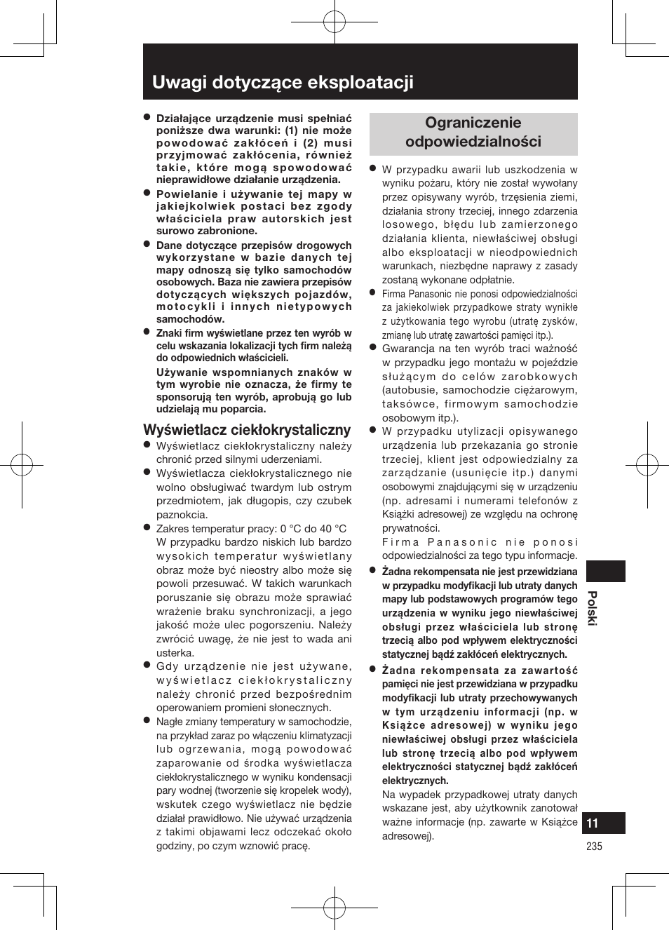 Uwagi dotyczące eksploatacji, Wyświetlacz ciekłokrystaliczny, Ograniczenie odpowiedzialności | Panasonic CNGP50N User Manual | Page 235 / 336