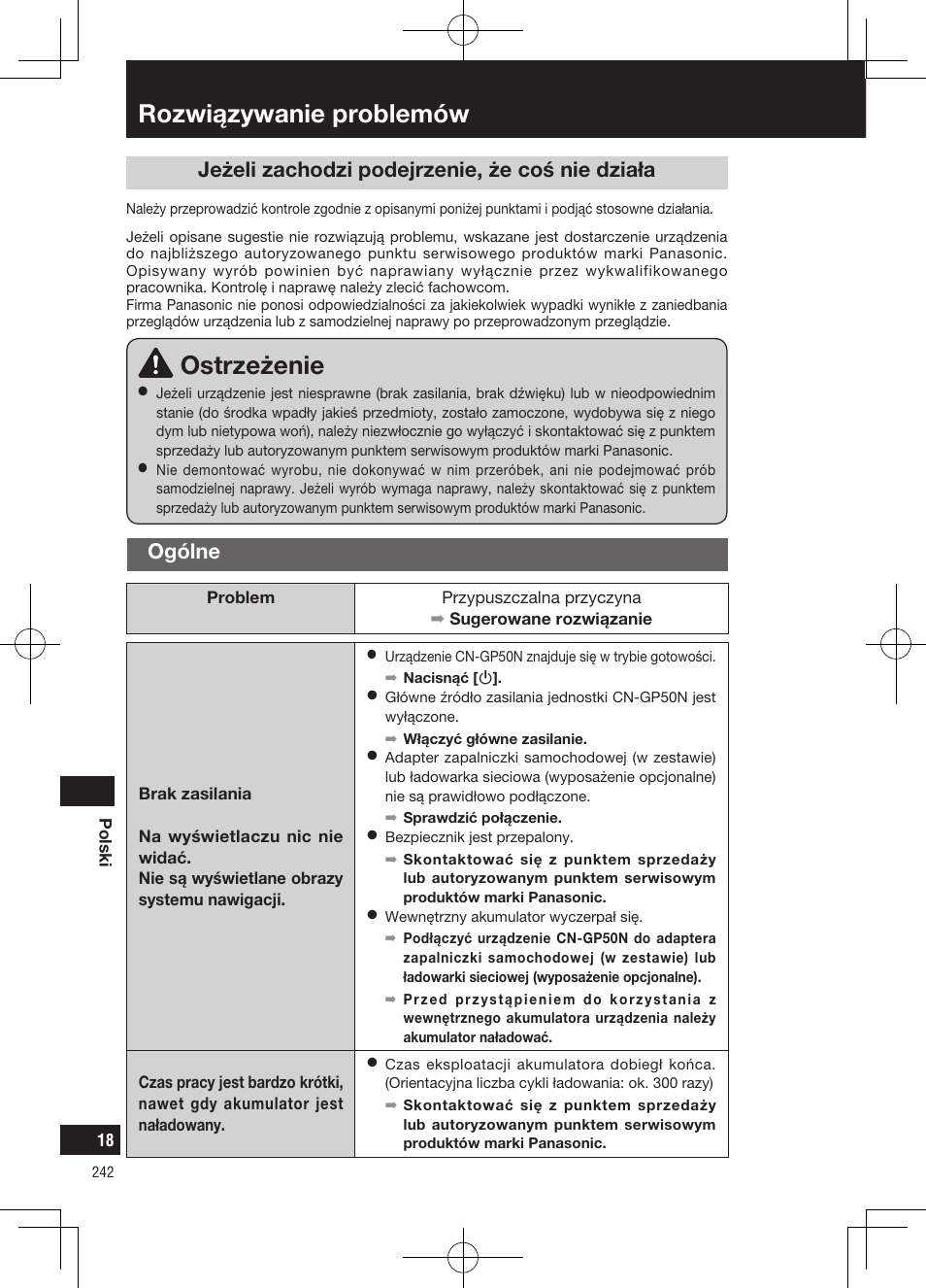 Rozwiązywanie problemów, Ostrzeżenie, Jeżeli zachodzi podejrzenie, że coś nie działa | Ogólne | Panasonic CNGP50N User Manual | Page 242 / 336