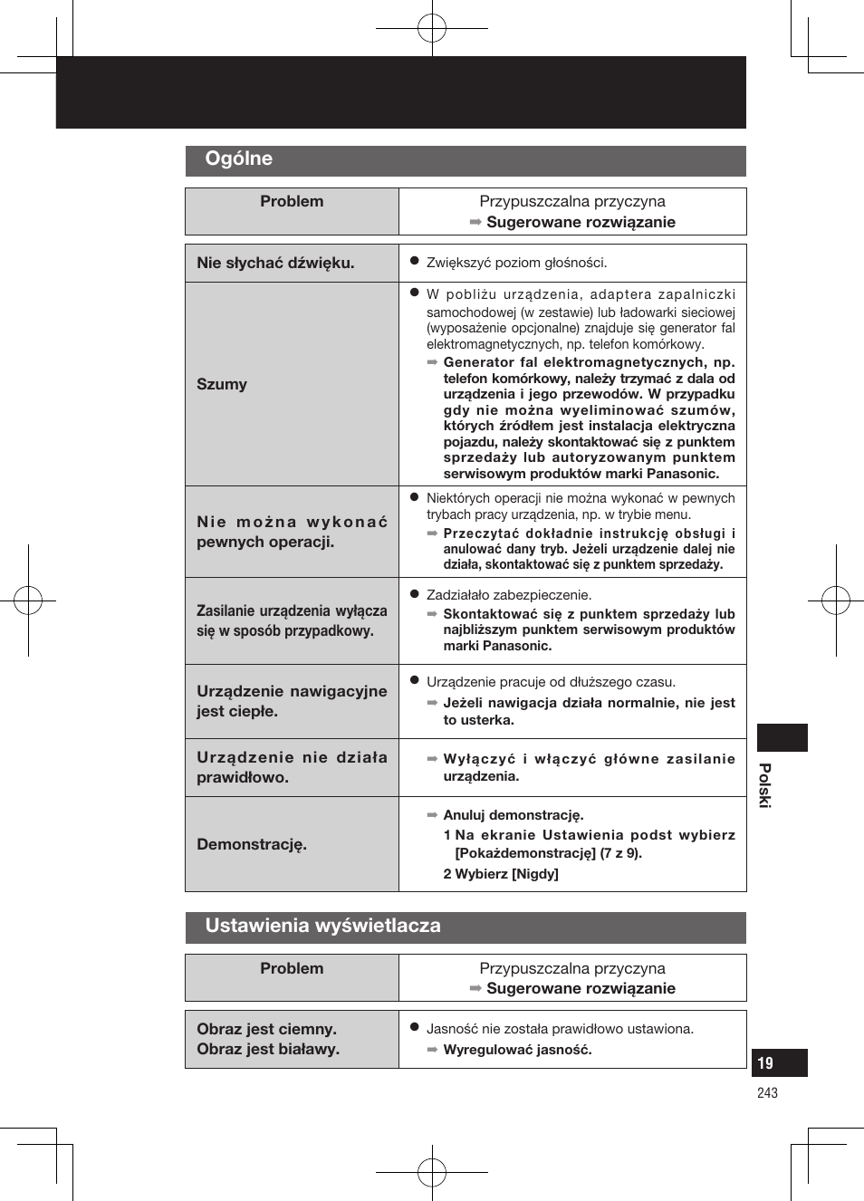 Rozwiązywanie problemów, Ogólne, Ustawienia wyświetlacza | Panasonic CNGP50N User Manual | Page 243 / 336