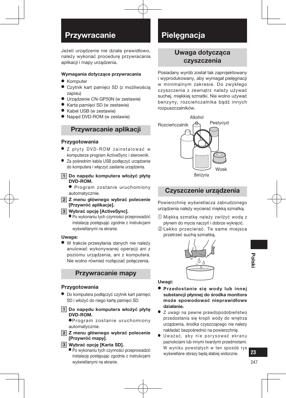 Pielęgnacja, Przywracanie, Uwaga dotycząca czyszczenia | Czyszczenie urządzenia, Przywracanie aplikacji, Przywracanie mapy | Panasonic CNGP50N User Manual | Page 247 / 336