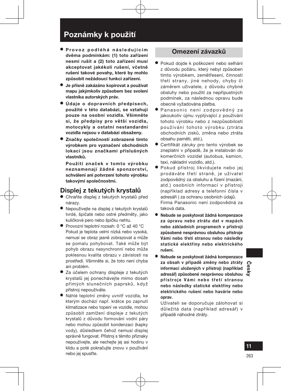 Poznámky k použití, Displej z tekutých krystalů, Omezení závazků | Panasonic CNGP50N User Manual | Page 263 / 336