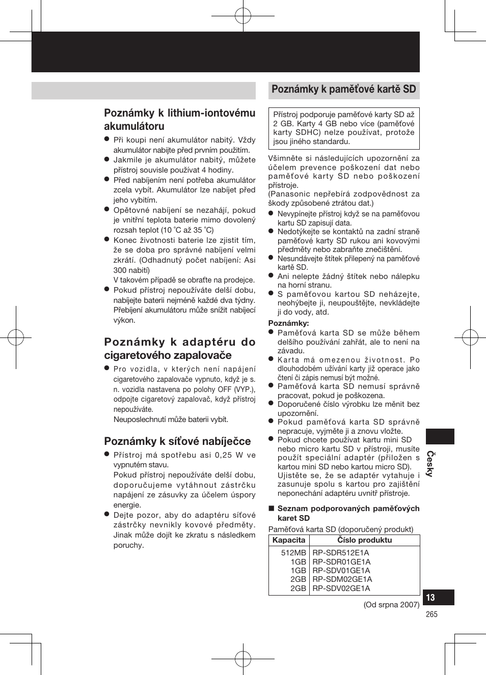 Poznámky k použití, Poznámky k lithium-iontovému akumulátoru, Poznámky k adaptéru do cigaretového zapalovače | Poznámky k síťové nabíječce, Poznámky k paměťové kartě sd poznámky k napájení | Panasonic CNGP50N User Manual | Page 265 / 336