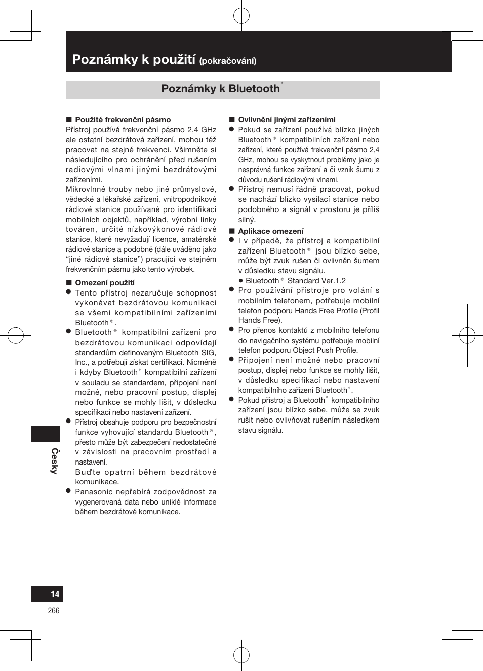 Poznámky k použití, Poznámky k bluetooth | Panasonic CNGP50N User Manual | Page 266 / 336