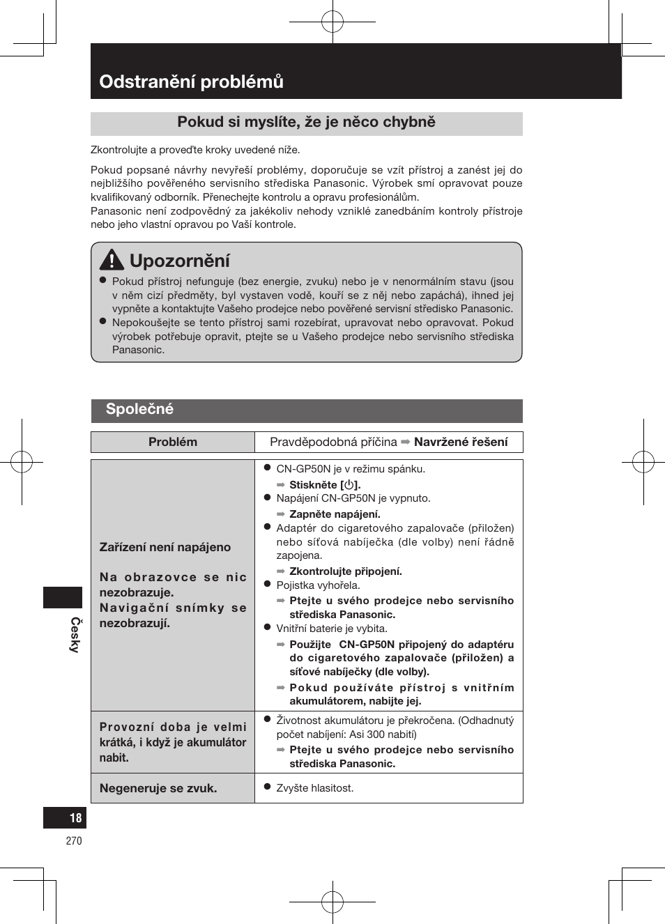 Odstranění problémů, Upozornění, Pokud si myslíte, že je něco chybně | Společné | Panasonic CNGP50N User Manual | Page 270 / 336