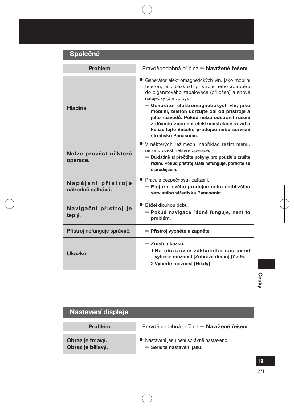 Odstranění problémů, Společné, Nastavení displeje | Panasonic CNGP50N User Manual | Page 271 / 336