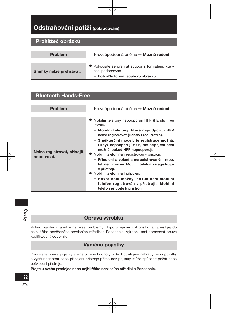 Odstraňování potíží, Bluetooth hands-free, Prohlížeč obrázků | Oprava výrobku, Výměna pojistky | Panasonic CNGP50N User Manual | Page 274 / 336