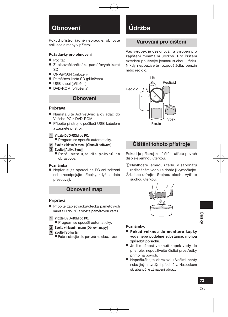 Údržba, Varování pro čištění, Čištění tohoto přístroje | Obnovení, Obnovení map | Panasonic CNGP50N User Manual | Page 275 / 336