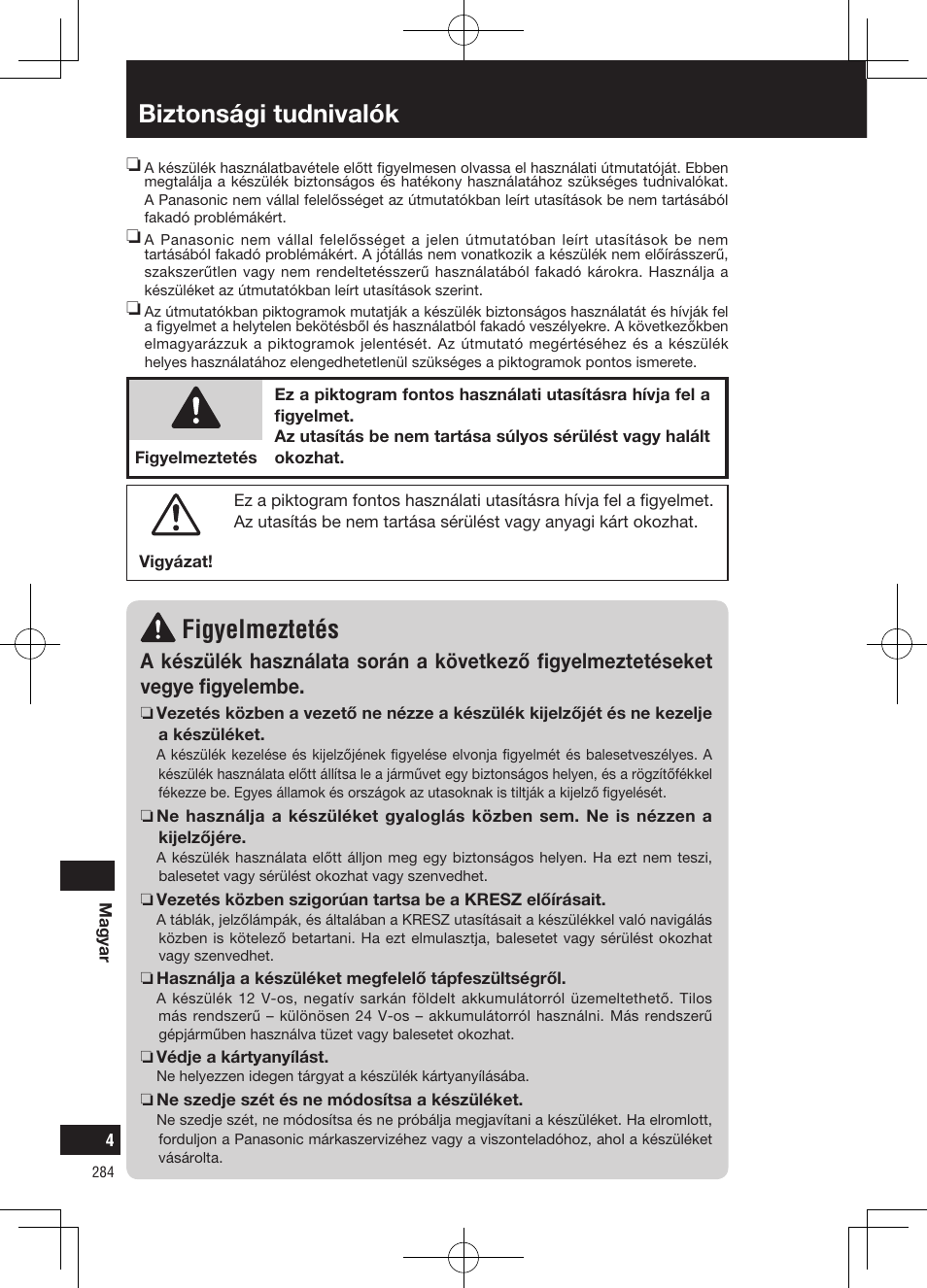 Biztonsági tudnivalók figyelmeztetés | Panasonic CNGP50N User Manual | Page 284 / 336