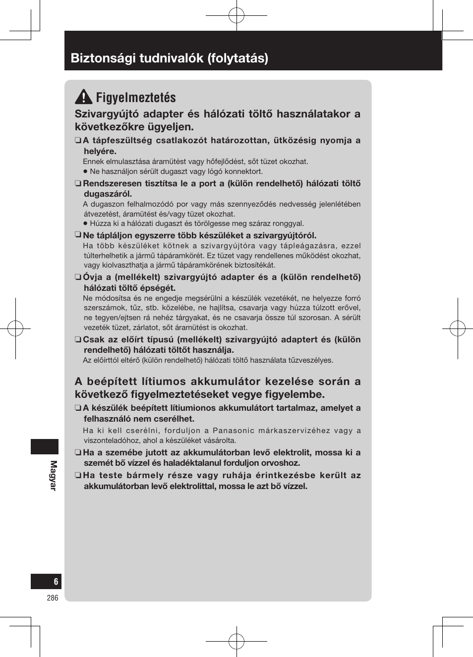 Figyelmeztetés, Biztonsági tudnivalók (folytatás) | Panasonic CNGP50N User Manual | Page 286 / 336