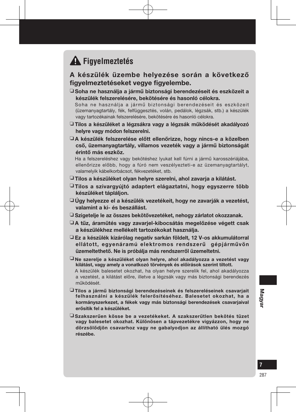 Biztonsági tudnivalók (folytatás) figyelmeztetés | Panasonic CNGP50N User Manual | Page 287 / 336