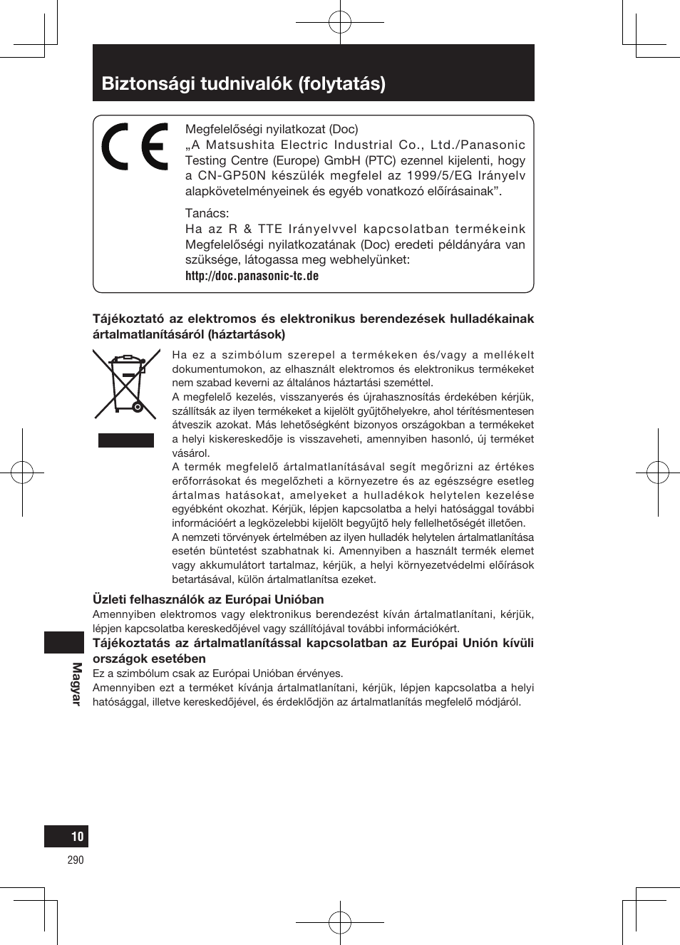 Biztonsági tudnivalók (folytatás) | Panasonic CNGP50N User Manual | Page 290 / 336