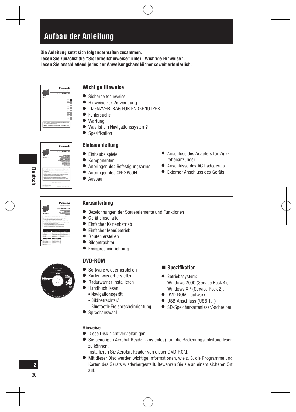 Aufbau der anleitung, Deutsch, Wichtige hinweise | Kurzanleitung, Einbauanleitung, Dvd-rom, Sicherheitshinweise, Hinweise zur verwendung, Lizenzvertrag für endbenutzer, Fehlersuche | Panasonic CNGP50N User Manual | Page 30 / 336