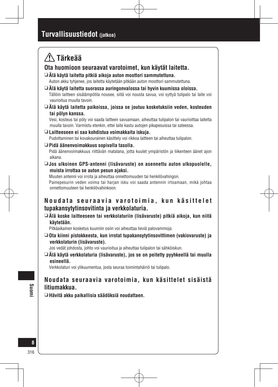 Turvallisuustiedot, Tärkeää | Panasonic CNGP50N User Manual | Page 316 / 336