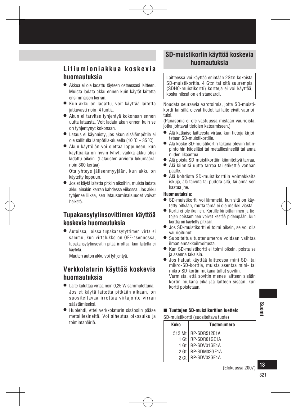 Käyttöä koskevia huomautuksia, Verkkolaturin käyttöä koskevia huomautuksia | Panasonic CNGP50N User Manual | Page 321 / 336