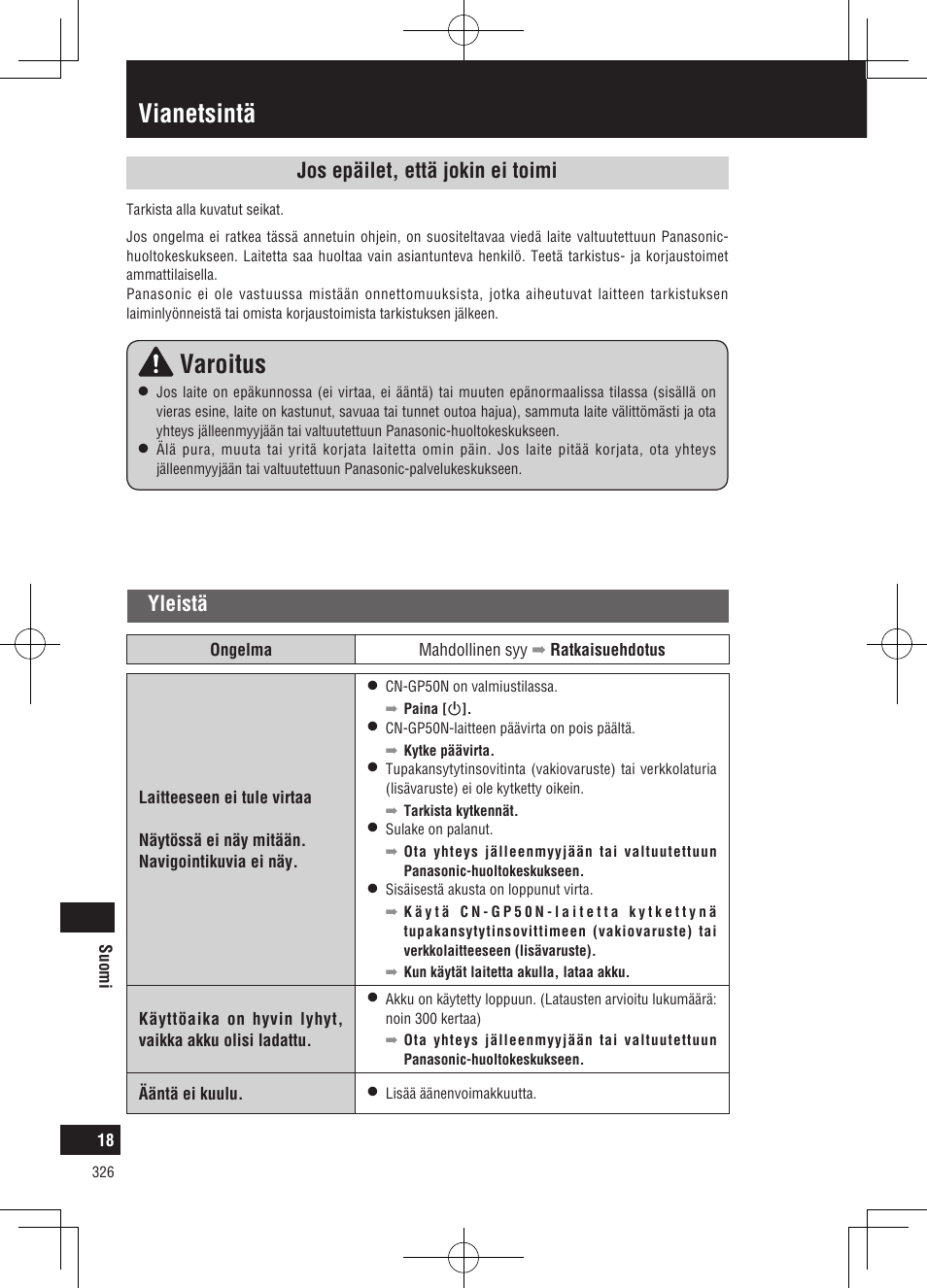 Vianetsintä, Varoitus, Jos epäilet, että jokin ei toimi | Yleistä | Panasonic CNGP50N User Manual | Page 326 / 336