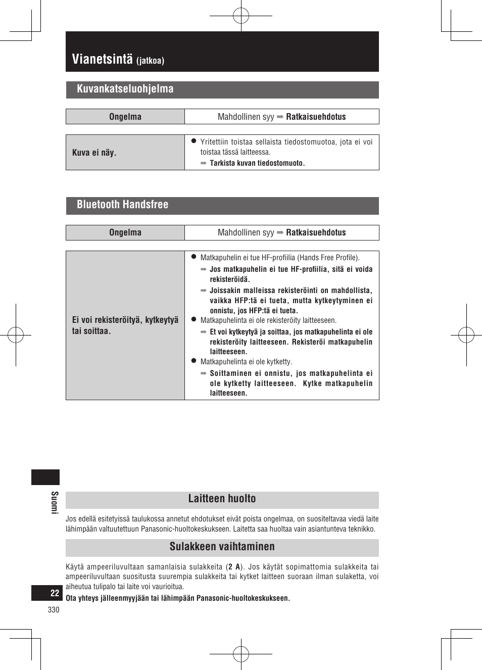 Vianetsintä, Bluetooth handsfree, Kuvankatseluohjelma | Laitteen huolto, Sulakkeen vaihtaminen | Panasonic CNGP50N User Manual | Page 330 / 336