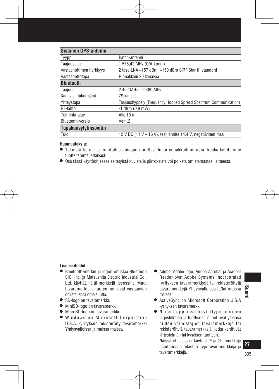 Tekniset tiedot | Panasonic CNGP50N User Manual | Page 335 / 336