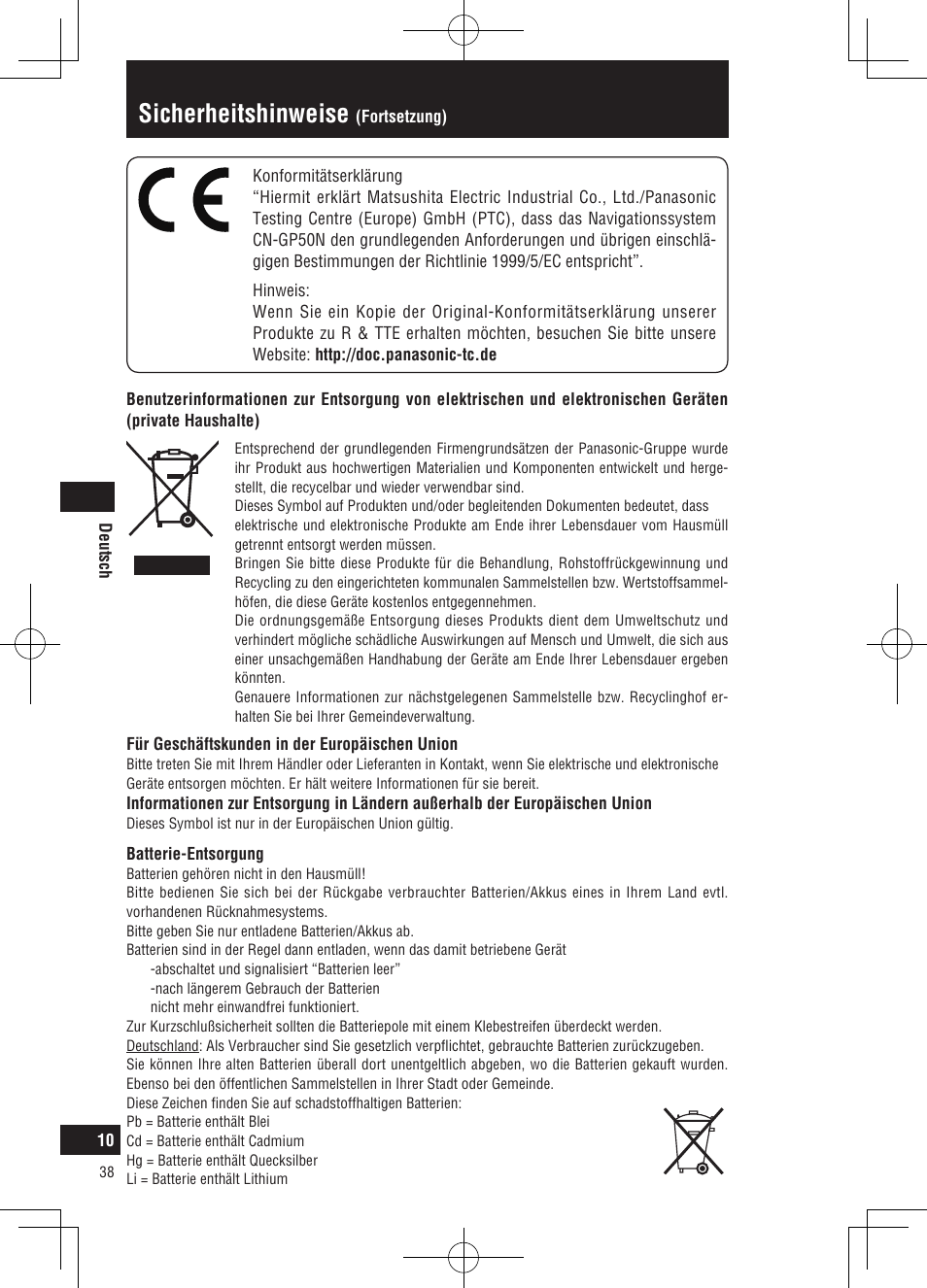 Sicherheitshinweise | Panasonic CNGP50N User Manual | Page 38 / 336