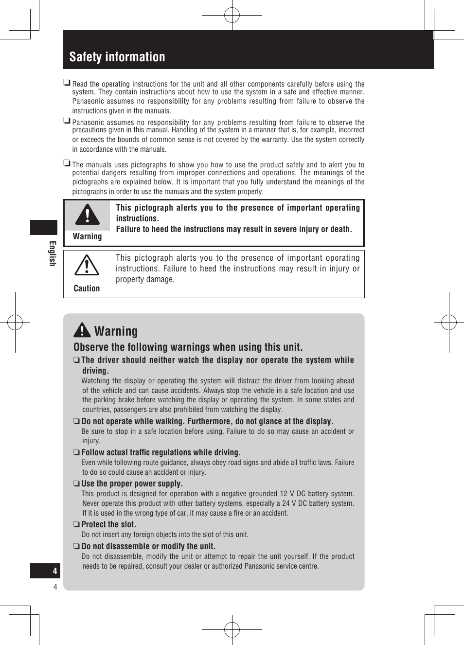 Safety information warning | Panasonic CNGP50N User Manual | Page 4 / 336