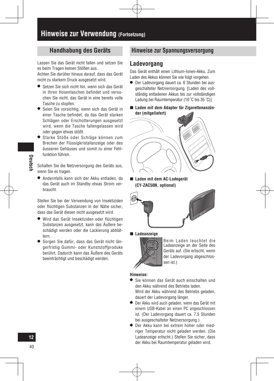 Hinweise zur verwendung, Ladevorgang | Panasonic CNGP50N User Manual | Page 40 / 336