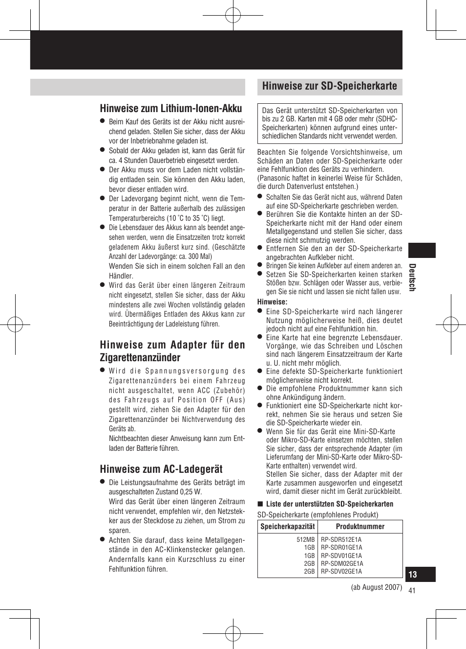 Hinweise zur verwendung, Hinweise zum lithium-ionen-akku, Hinweise zum adapter für den zigarettenanzünder | Hinweise zum ac-ladegerät | Panasonic CNGP50N User Manual | Page 41 / 336