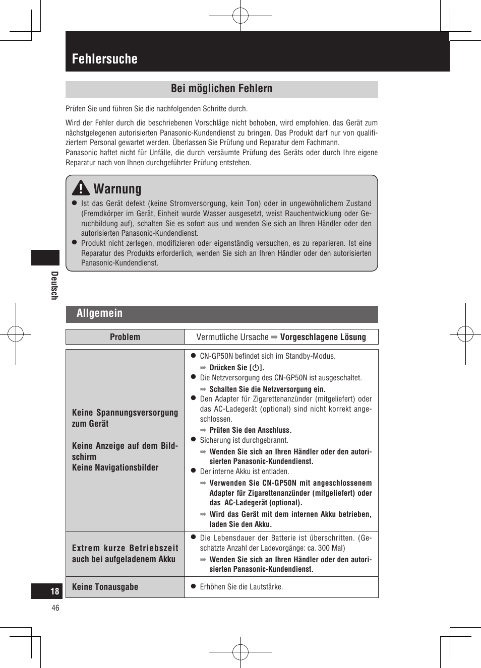 Fehlersuche, Warnung, Bei möglichen fehlern | Allgemein | Panasonic CNGP50N User Manual | Page 46 / 336