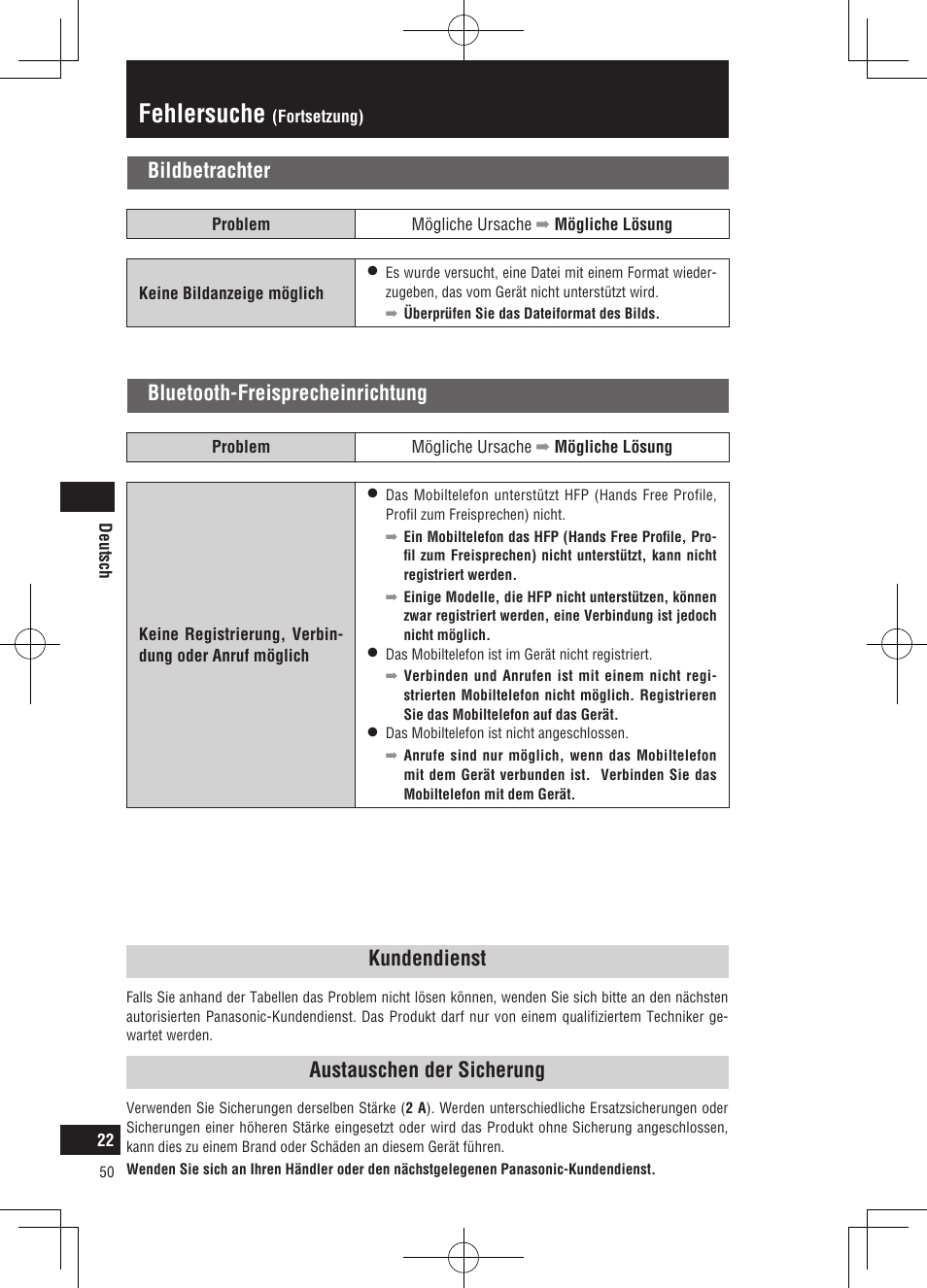 Fehlersuche, Bluetooth-freisprecheinrichtung, Bildbetrachter | Kundendienst, Austauschen der sicherung | Panasonic CNGP50N User Manual | Page 50 / 336