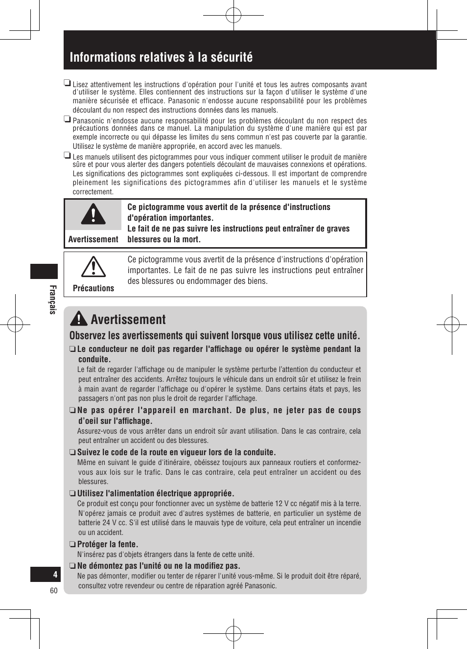 Informations relatives à la sécurité avertissement | Panasonic CNGP50N User Manual | Page 60 / 336