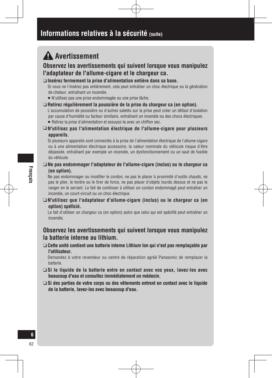 Avertissement, Informations relatives à la sécurité | Panasonic CNGP50N User Manual | Page 62 / 336