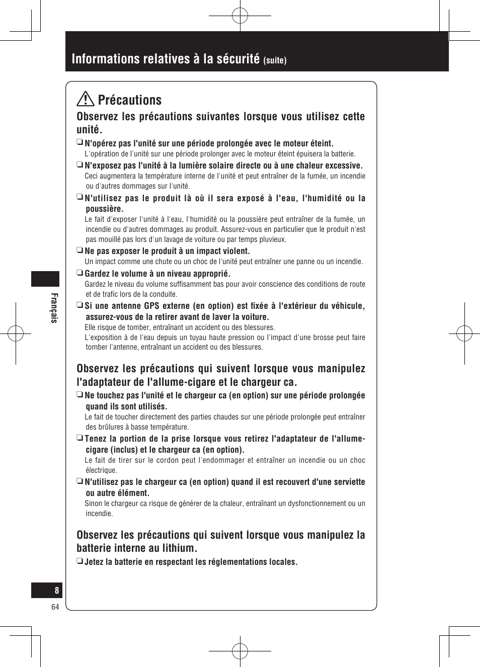 Informations relatives à la sécurité, Précautions | Panasonic CNGP50N User Manual | Page 64 / 336