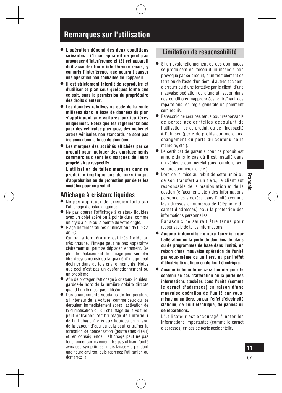 Remarques sur l'utilisation, Affichage à cristaux liquides, Limitation de responsabilité | Panasonic CNGP50N User Manual | Page 67 / 336